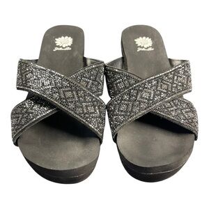 Yellow Box Black Sparkly Wedge Sandals - Size 10